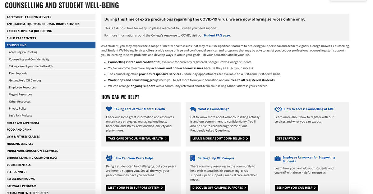 Screenshot of Counselling and Student Well-Being webpage of George Brown College.