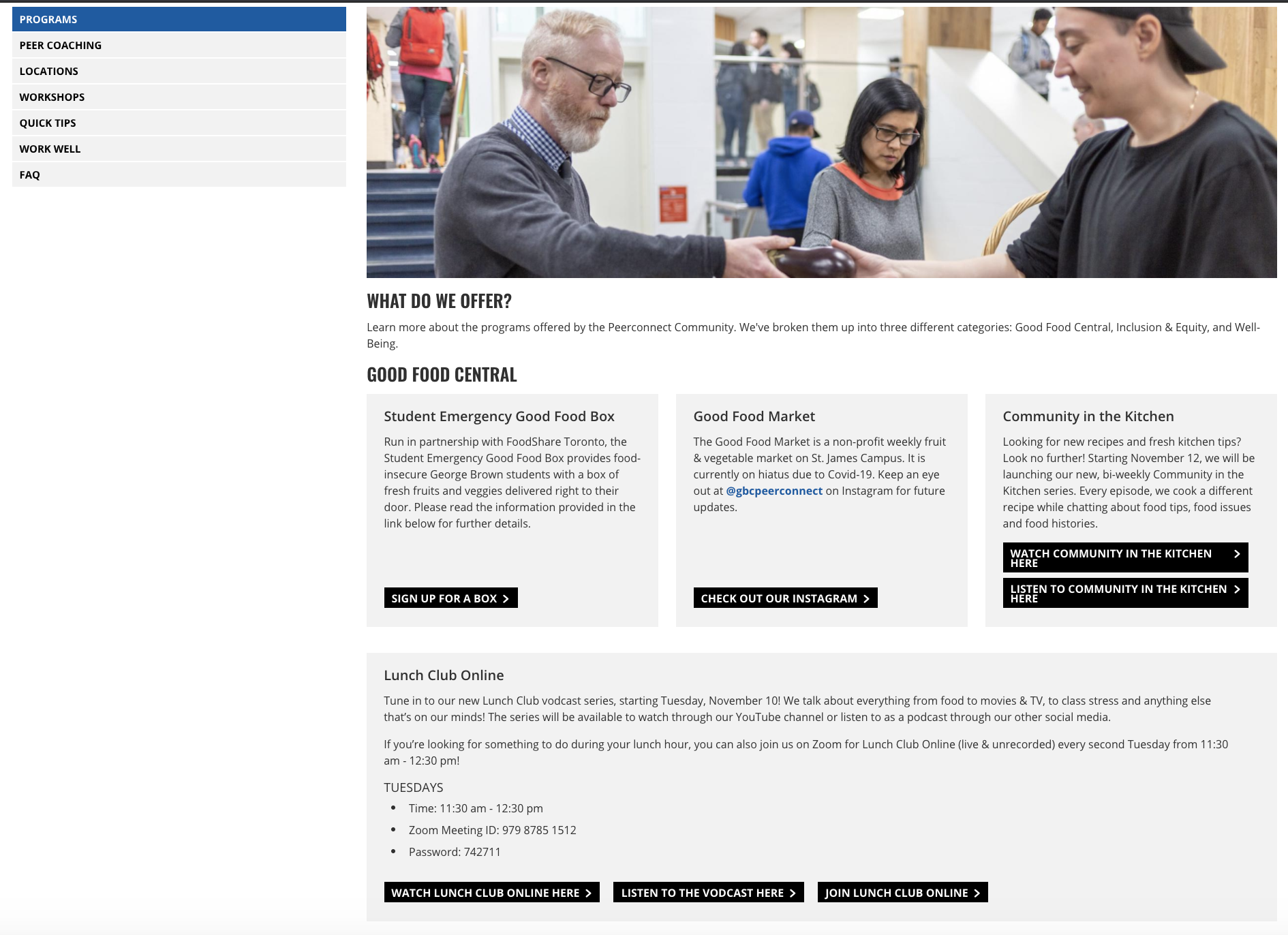 Screenshot of Programs page of Peerconnect at George Brown College.