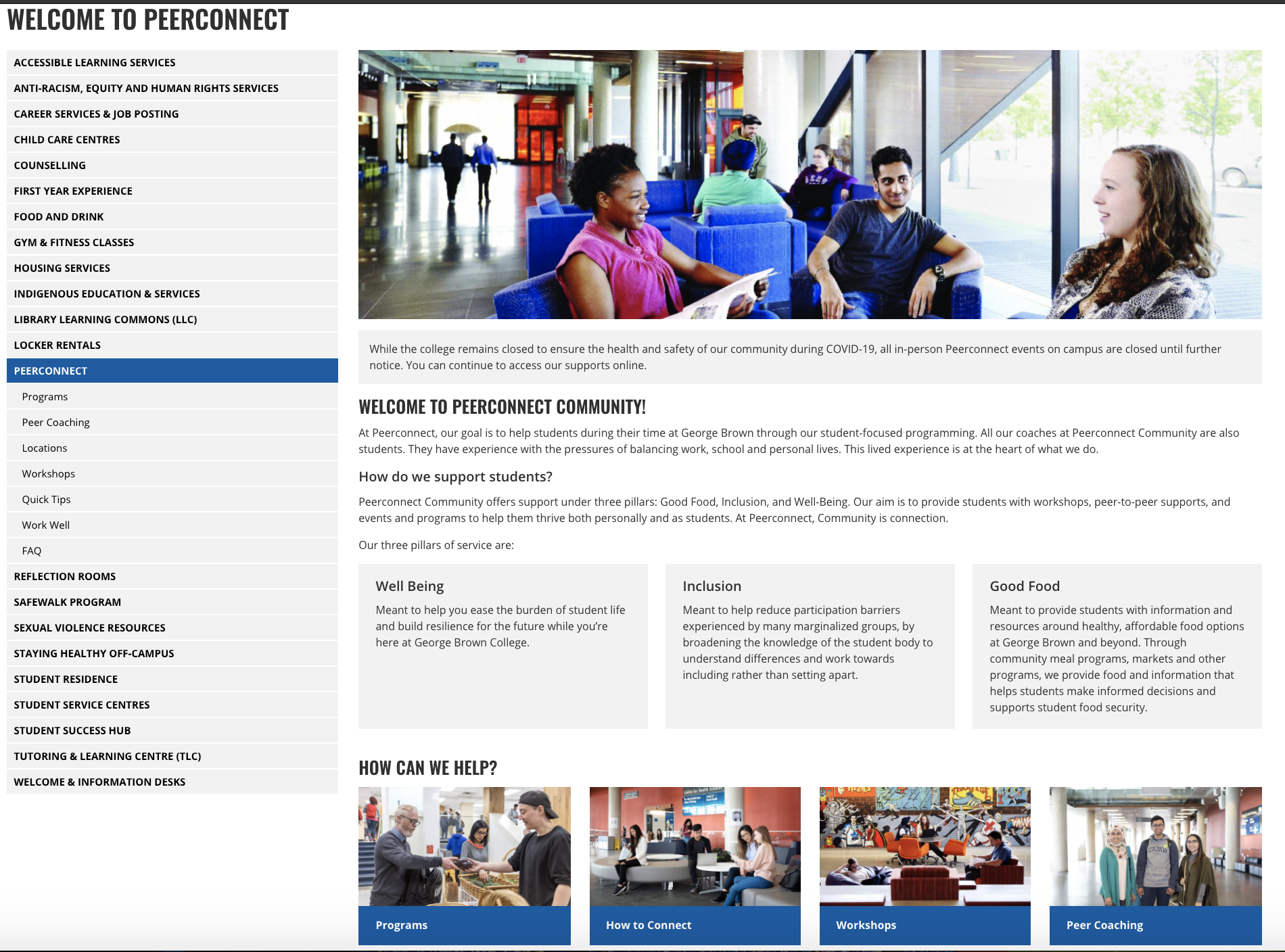 Screenshot of Peerconnect Community landing page on George Brown College website.