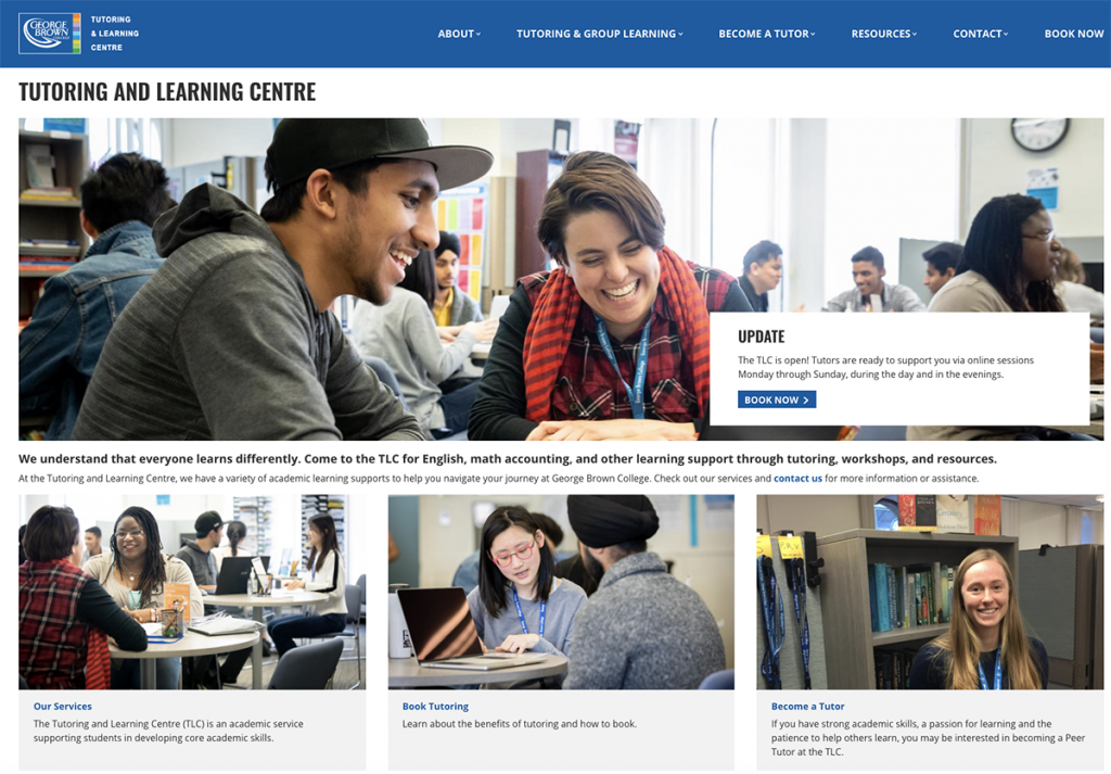 Screenshot of Tutoring & Learning Centre landing page.